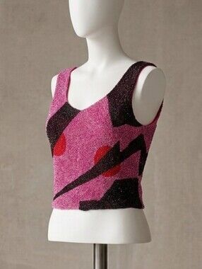 Frank Usher Vintage Pink Beaded Tank Top with Abstract Pattern